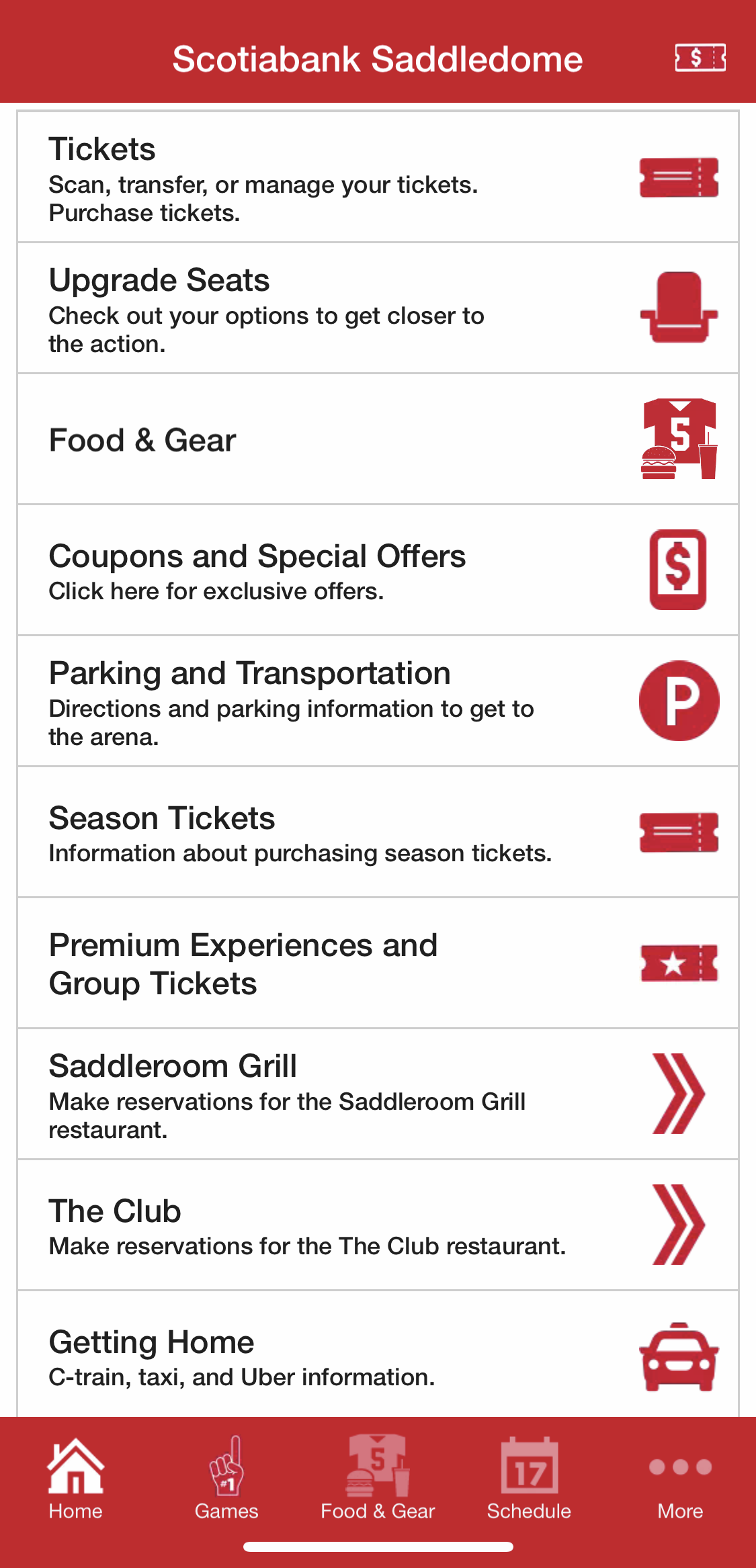 A screenshot of the Saddledome live app main home screen
