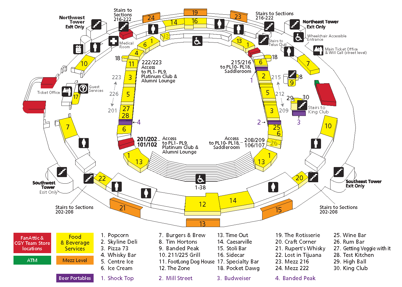 A map of the Scotiabank Saddledome concourse vendors and what sections they are in